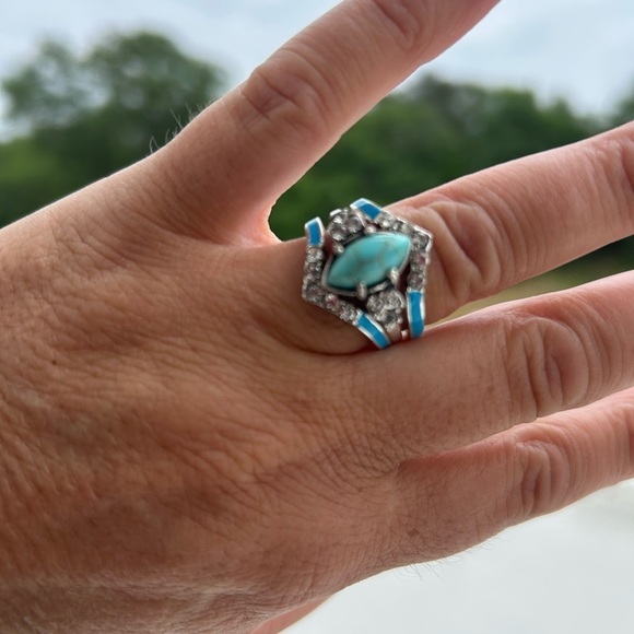 Versatile Elegant & Fashionable Turquoise & Rhinestone Decor 3 Piece Ring Set - Picture 4 of 8